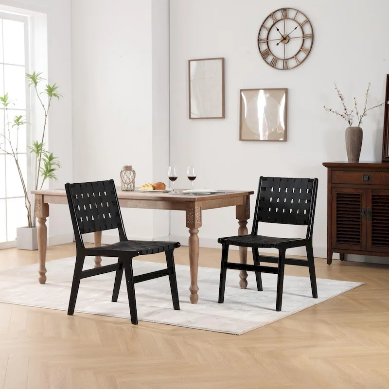 Saddle leather woven dining chair, solid wood legs, suitable for dining room and living room