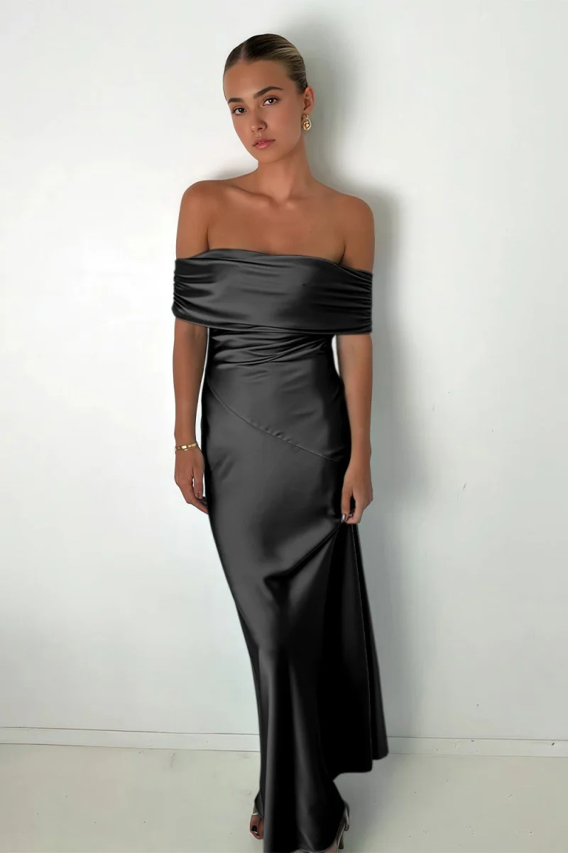 Aqua Sheath Off The Shoulder Satin Long Prom Dresses