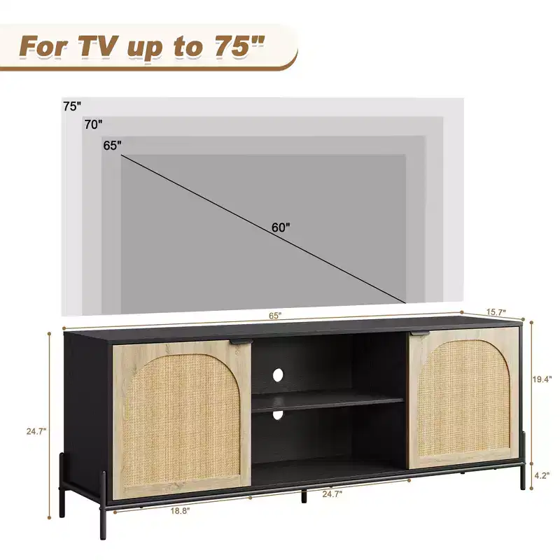 WhizMax Rattan TV Stand for 75 inch TV, Entertainment Center with Storage, 65 Inch TV Console Table for Living Room, Bedroom