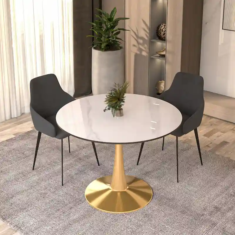 LeisureMod Round Dining Table 40 Sintered Stone Tabletop in Gold Steel Bistro Series