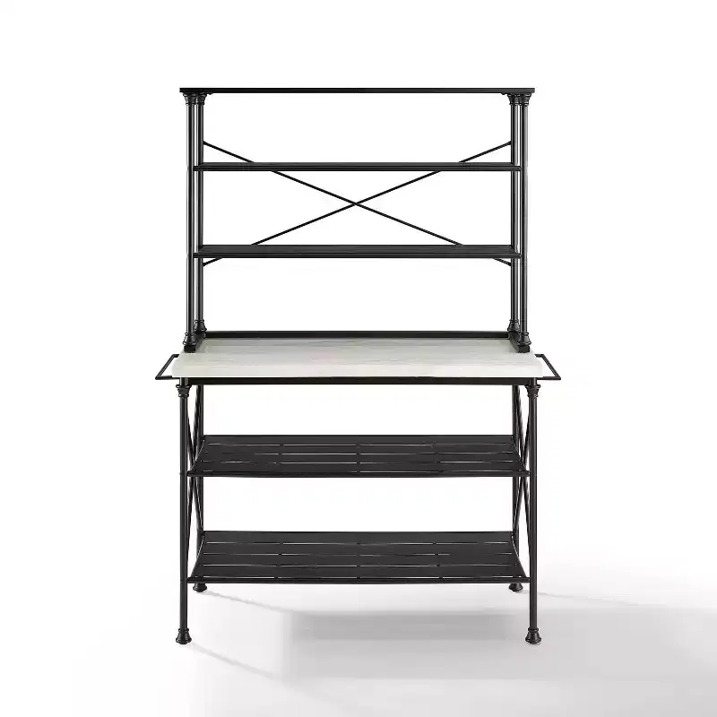 Madeleine Kitchen Island and Hutch Matte Black - Crosley: Veneer Surface, Metal Frame, 6 Open Shelves