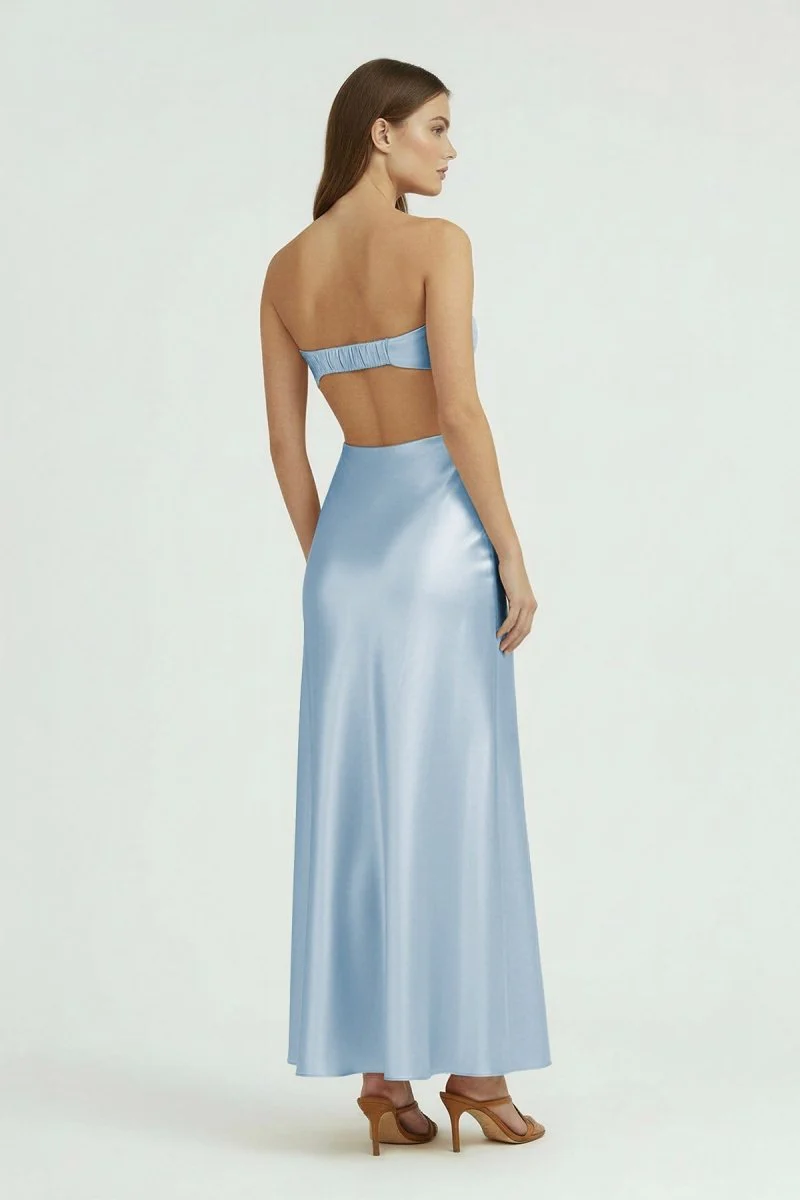 Aqua Strapless Sheath Satin Open Back Prom Dresses With Cutout