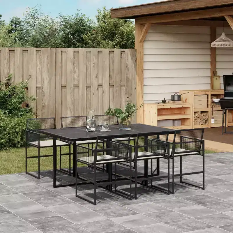 vidaXL Patio Dining Set with Cushions Outdoor Table and Chair Black Poly Rattan