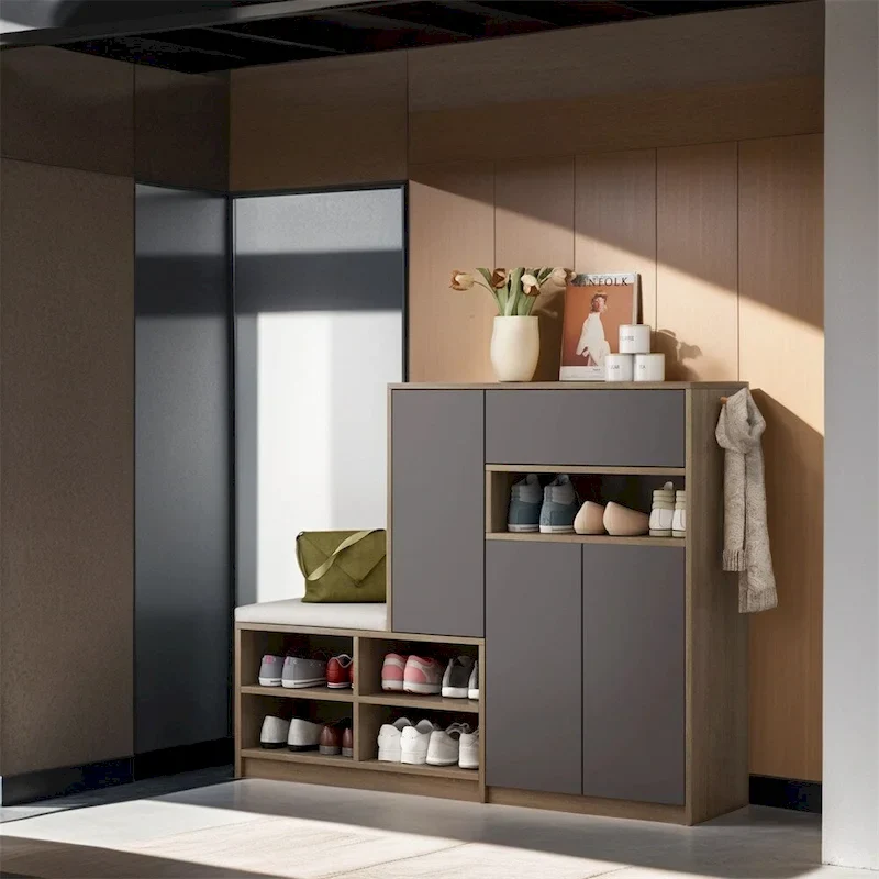 Dark Grey / White Cushioned Shoe Storage Bench Cabinet, 1-Person Seat