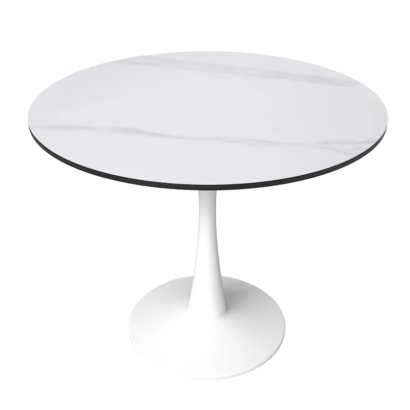 Bristol Round Dining Table for 4, 35 Sintered Stone Tabletop with White Stainless Steel Pedestal Base