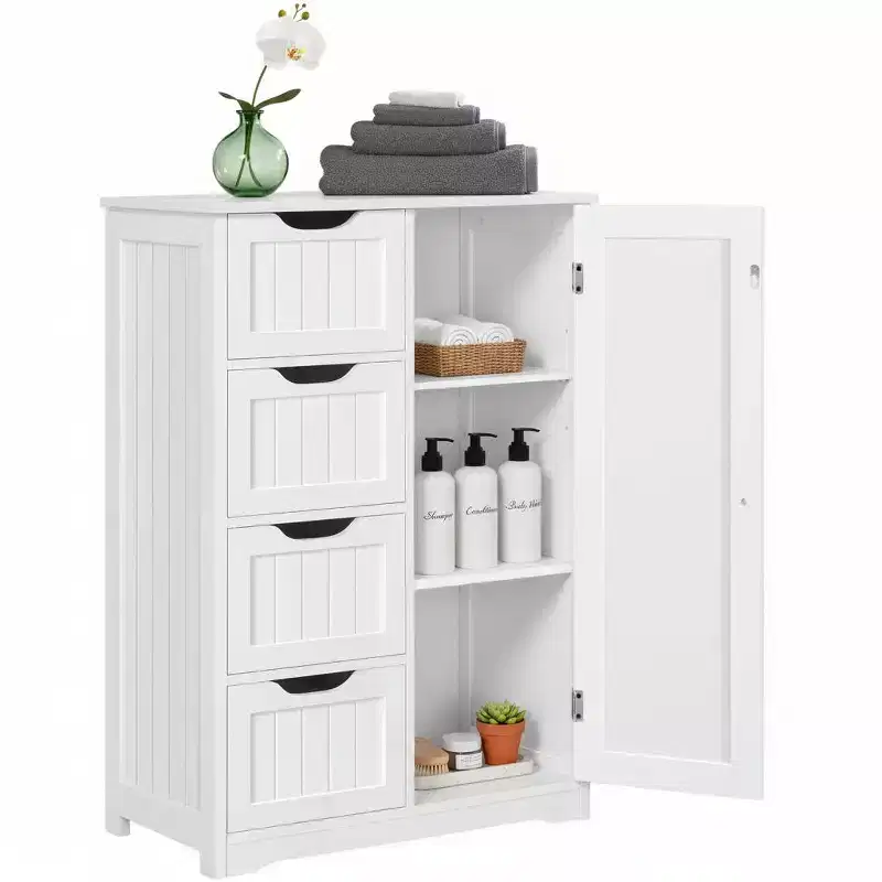 Dcolora Wood Floor Cabinet with 4 Drawers & Cupboard, Freestanding Bathroom Storage Cabinet