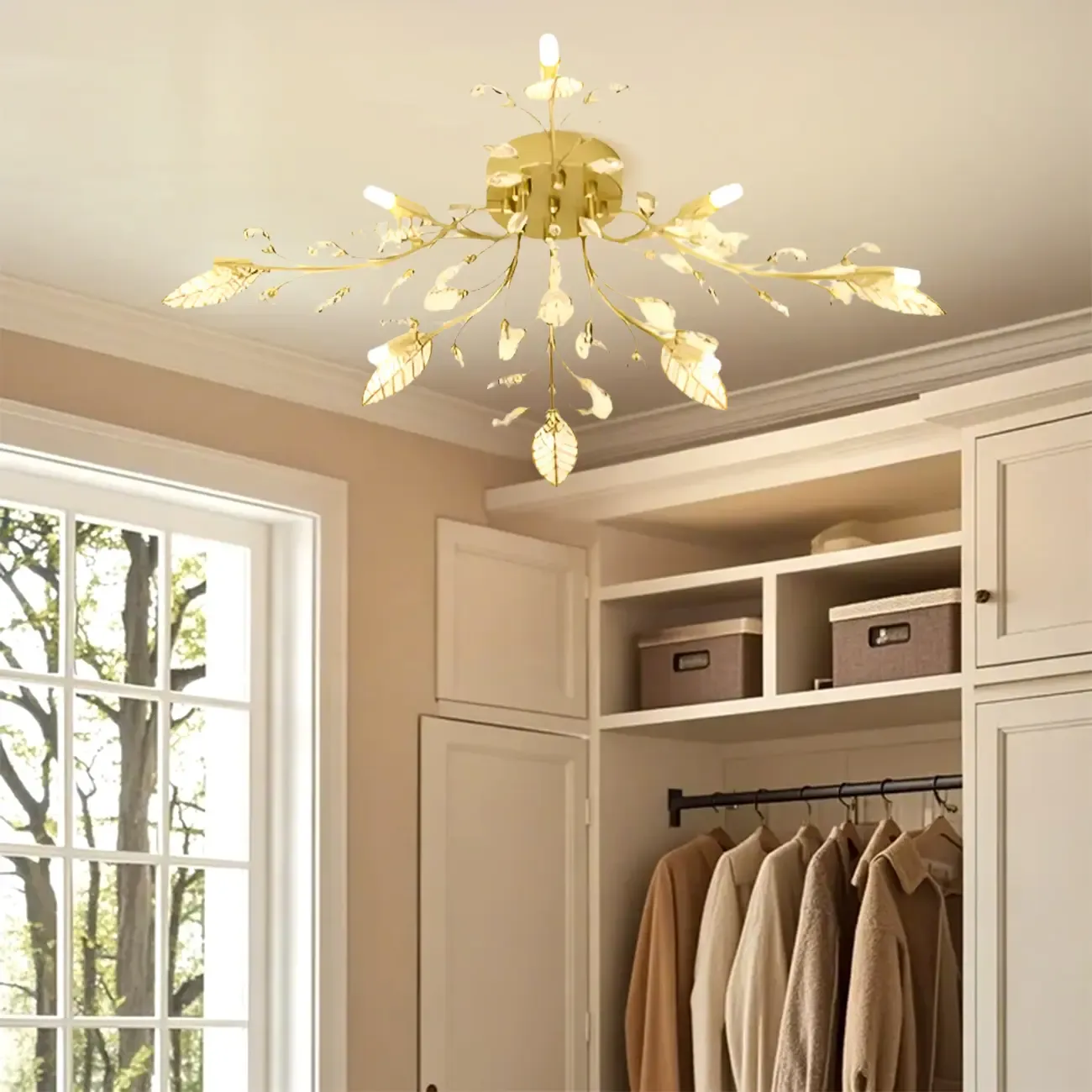 Elegant Golden Branch Crystal Semi Flush Ceiling Light