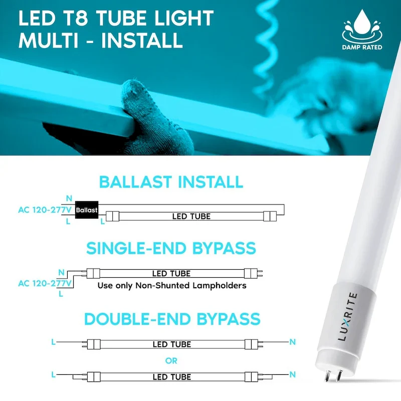 Luxrite 4FT T8 LED Tube Light, Ballast and Ballast Bypass, 13W=32W, 1800 Lumens, Damp Rated 4 Pack
