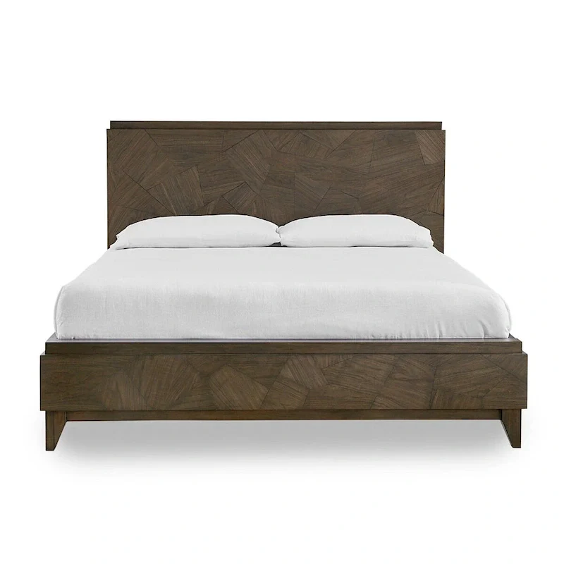 Dee Mahogany Wood Low Profile Queen Bed, Geometric Oat Brown