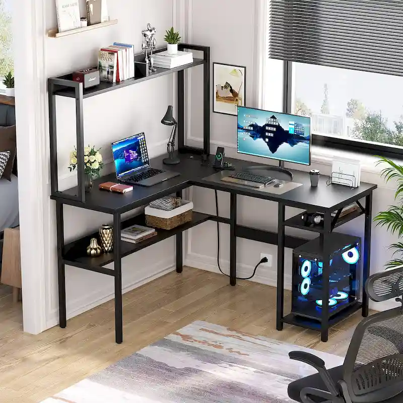 White / Grey Oak / Rustic Brown / Black L-Shaped Corner Desk with Hutch, LED Lights & Storage, 1-Person