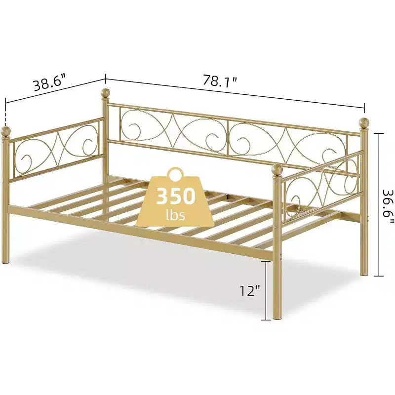 Twin Gold Metal Daybed Frame with Heavy Duty Slats, Convertible Sofa Bed for Living Room and Bedroom, Space Saving Design