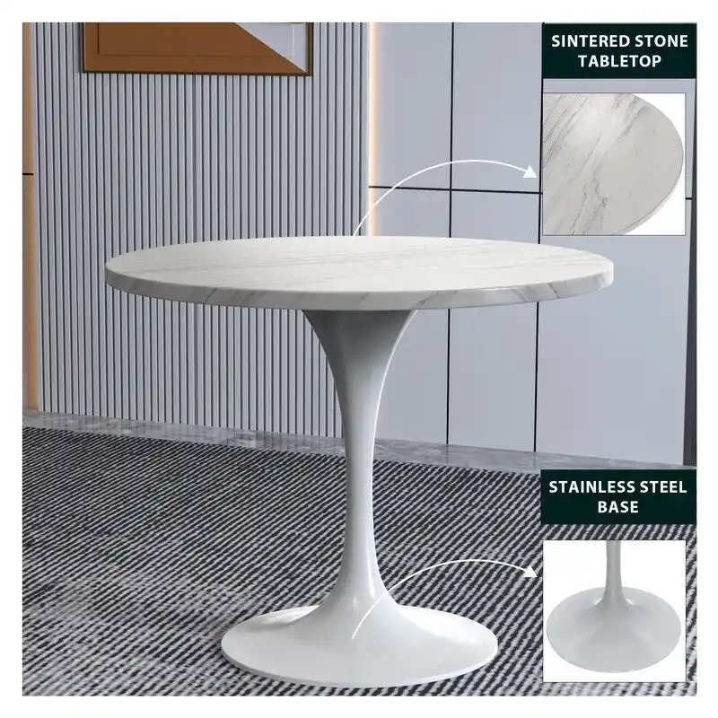 Verve Dining Table with a 36  Round Tabletop in White Steel Pedestal