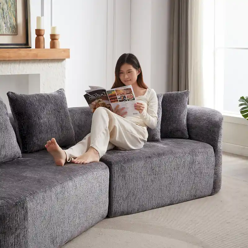 114 Chenille Deep-Seat Sectional Sofa with 4 Pillows