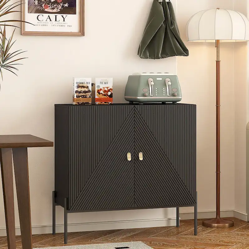 Black Kitchen Sideboard Cabinet with Drawers, 2 Cabinets & 6-Bottle Wine Rack