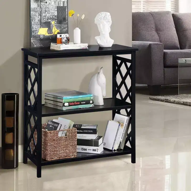 Okak Modern Console Table with 3-Tier Open Storage Shelves, Entryway Table with Solid Wood Legs, Accent Table for Living Room, Black