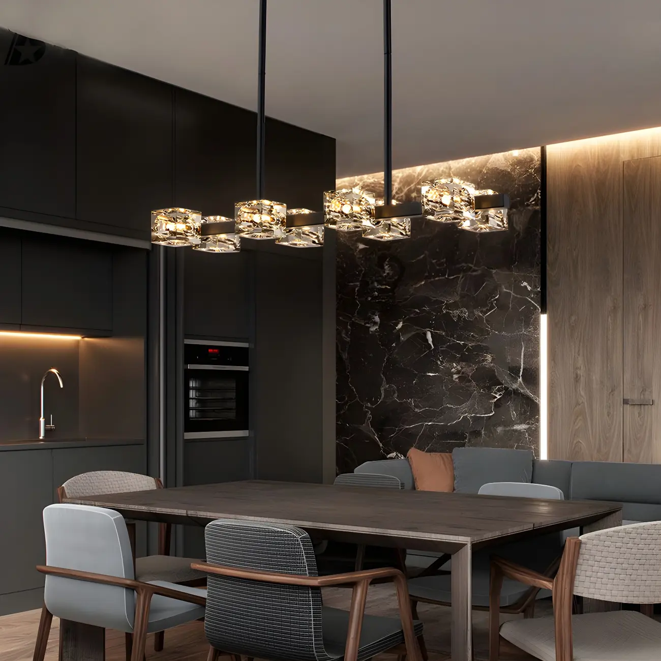 Adjustable Gold/Black Rectangle Crystal Island Chandelier