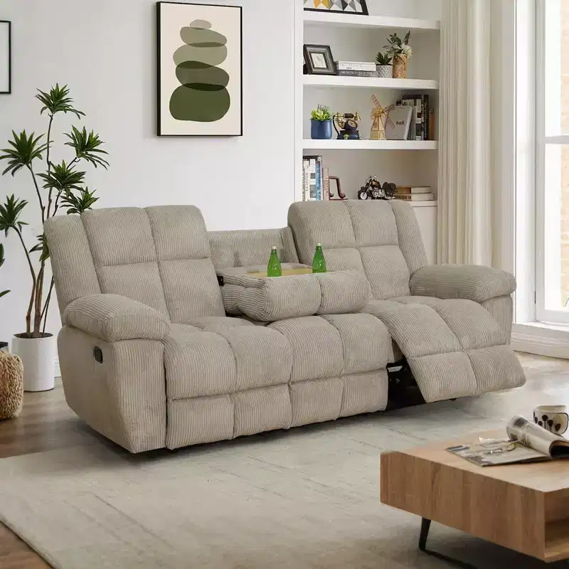 MAYEERTY Reclining Sofa, 3-Seat Corduroy Fabric Recliner with Adjustable Backrests for Living Room, Beige