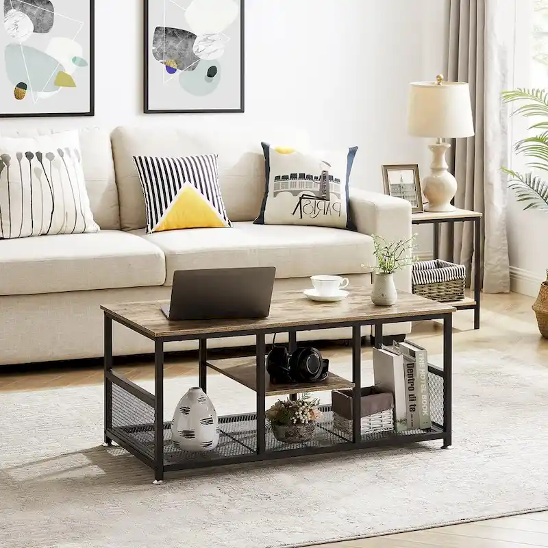 3-Tier Coffee Table with Metal Frame and MDF Shelves