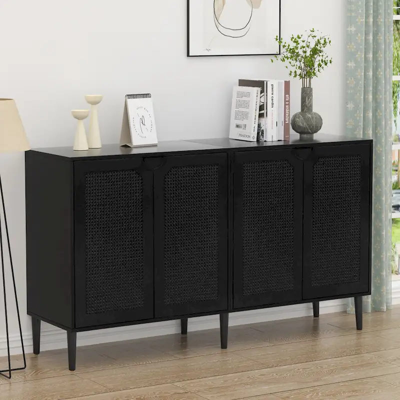 Black Rattan 4-Door Sideboard, Mid-Century Modern Style, 1-Person Assembly