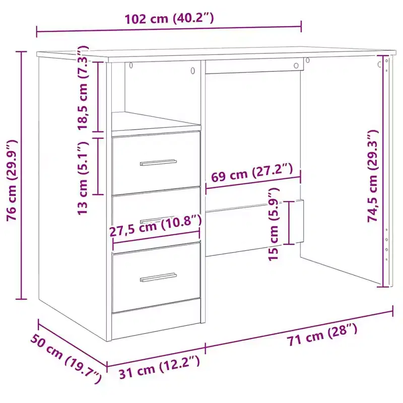 vidaXL Desk White Engineered wood 40.2 in x 19.7 in x 29.9 in Desk