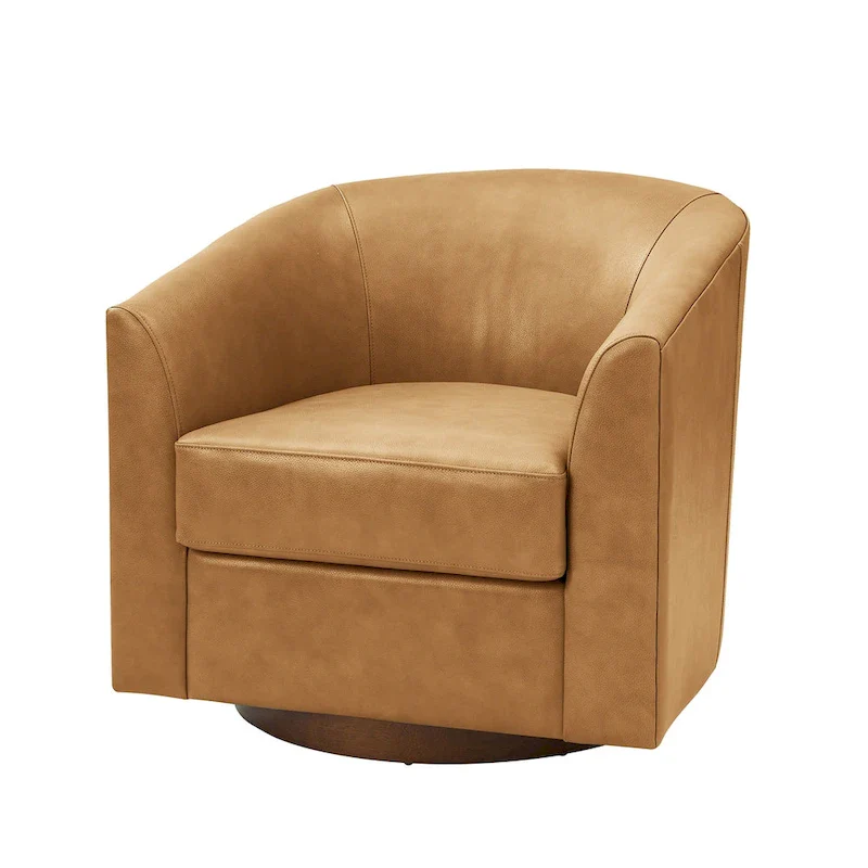 Althea Modern Genuine Leather Swivel Barrel Chair with Solid Wood Base By HULALA HOME