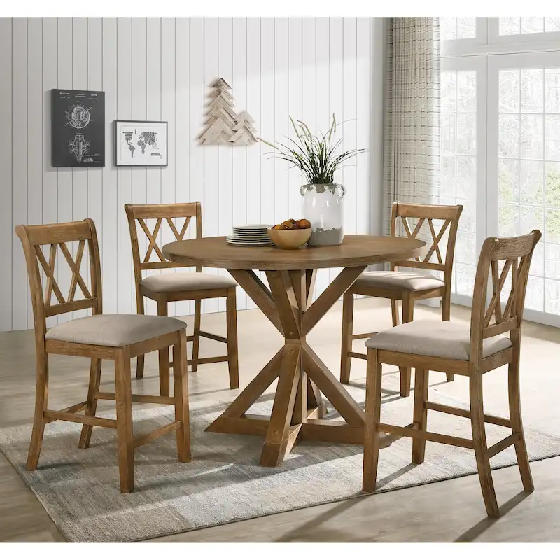 5-Piece Wooden Counter Height Dining Table Set with Cross Pedestal Table Base and 4 Cross Back Chairs