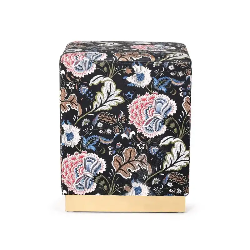 Square Velvet Ottoman Stool with Gold-Tone Base