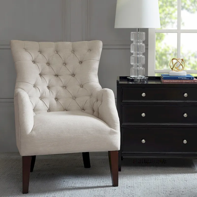 Button Tufted Herringbone Wing Back Chair