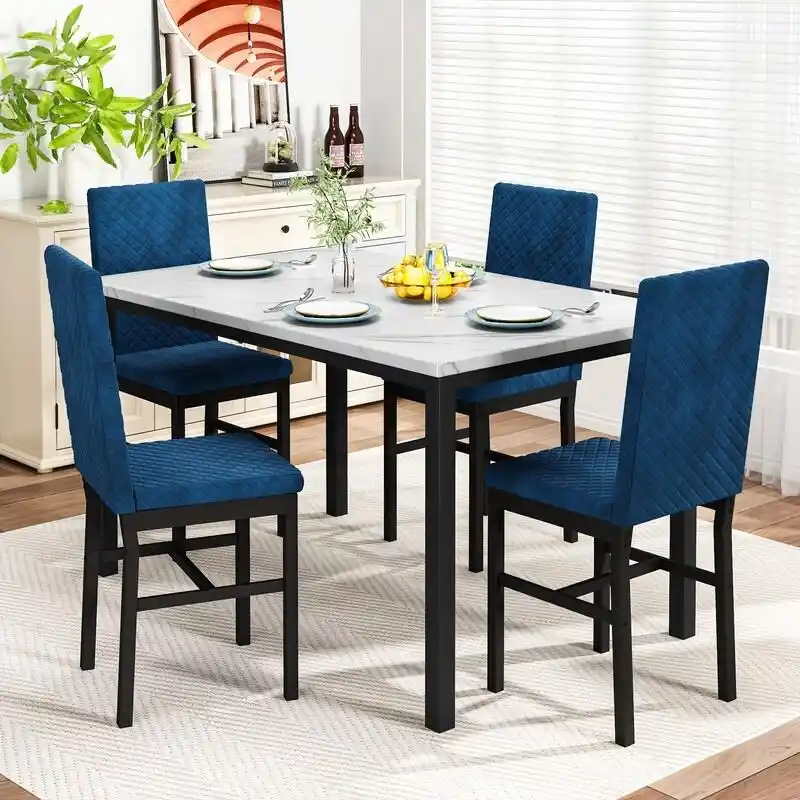 5-Piece Dining Room Table Set with Faux Marble Table Top and Diamond Stitching Velvet Upholstery Dining Chairs