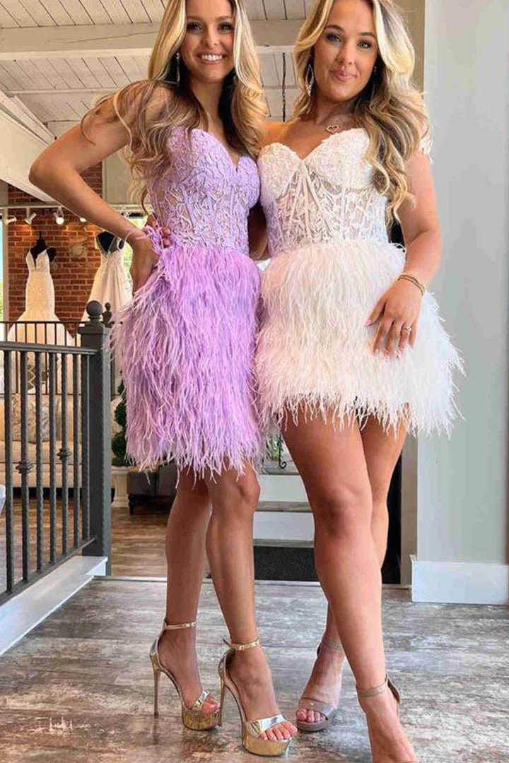 Sheath Sweetheart Lace Feather Skirt Homecoming Dress