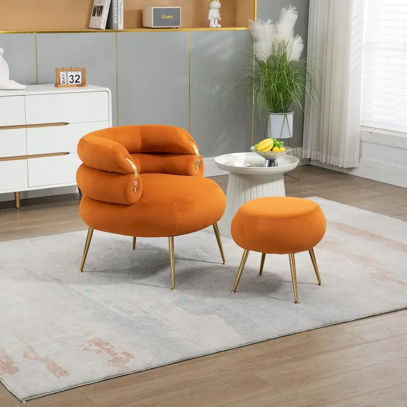 Velvet Accent Chair with Ottoman, Tufted, Gold Metal Legs, Orange / Grey / Beige / Green / Wine Red, 1 Person
