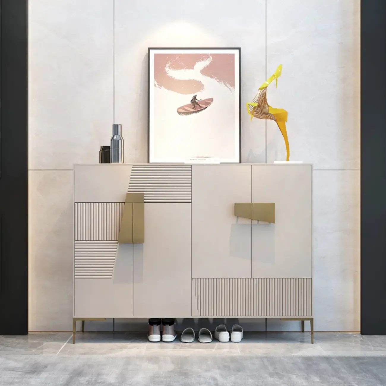 Elegant Fluted Entryway Shoe Cabinet with Drawer