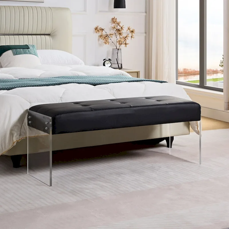 Faux Leather Upholstered Bench with Acrylic Base — 44.7