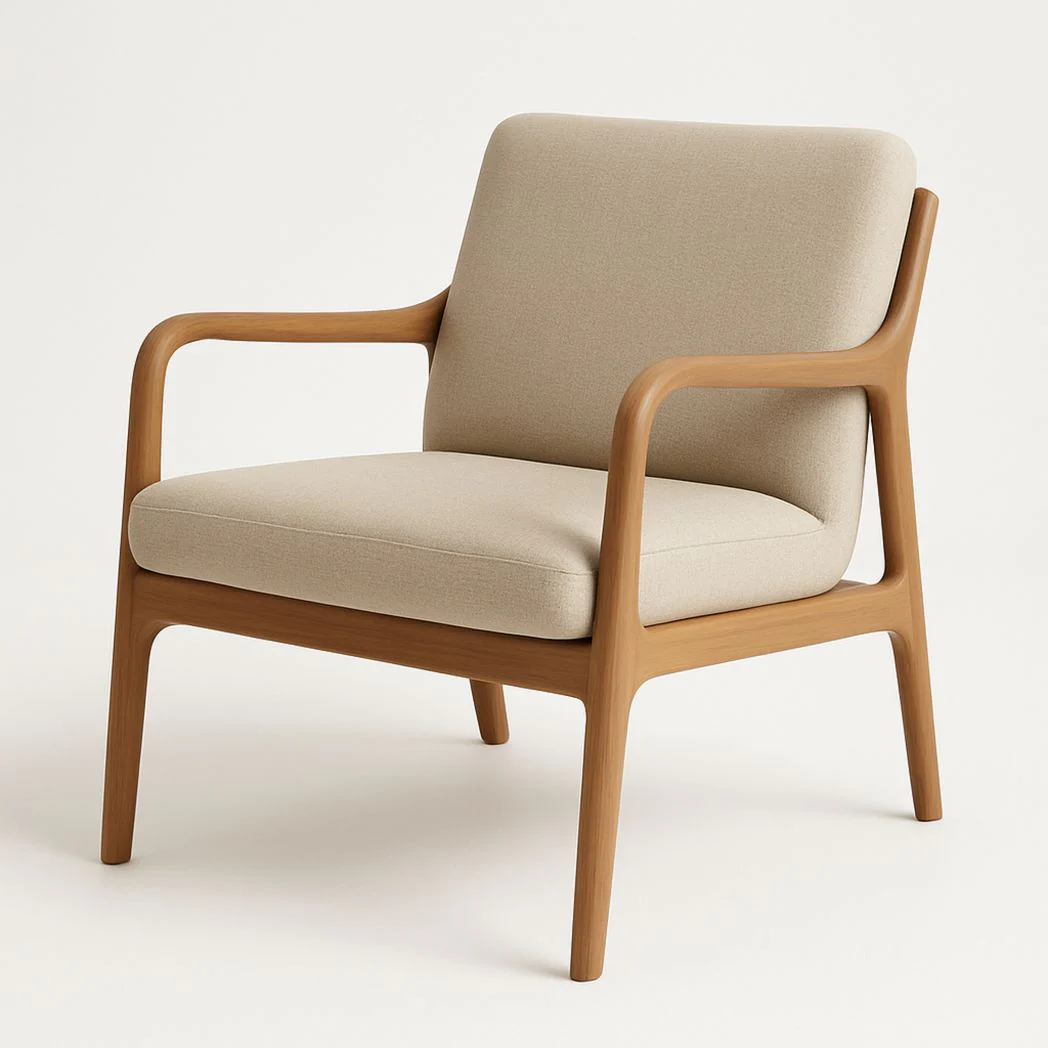 Fauteuil en bois massif avec revêtement en lin beige, dimensions 75 cm de haut x 65 cm de large x 80 cm de profondeur