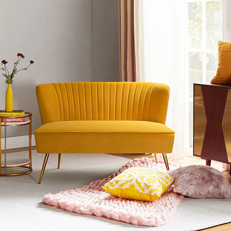Velvet Tufted Loveseat with Curved Back, Foam Fill & Gold Tapered Metal Legs | Mustard / Pink / Sage / Purple / Navy / Green / Fuchsia / Tan / Orange / Black / Teal / Ivory | 2-Seater