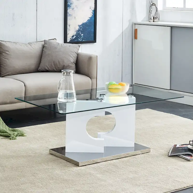 47.2 Modern Rectangular Coffee Table with Tempered Glass Tabletop and MDF Legs