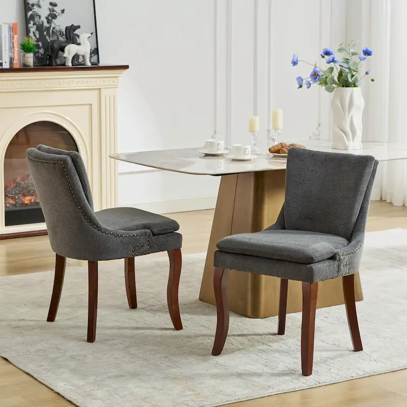 Modern Dining Chairs Set of 2,Chenille Upholstered Dining Chairs,Living Room Accent Leisure Chairs with Curved Solid Wood Legs
