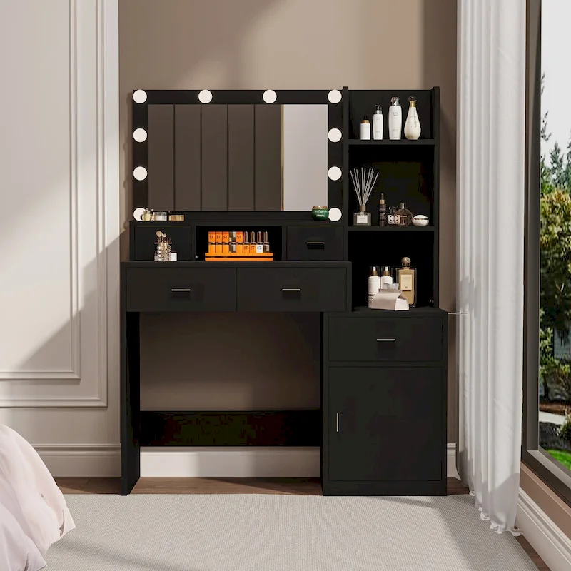 Black Lighted Vanity Desk, Single Person, with Drawers