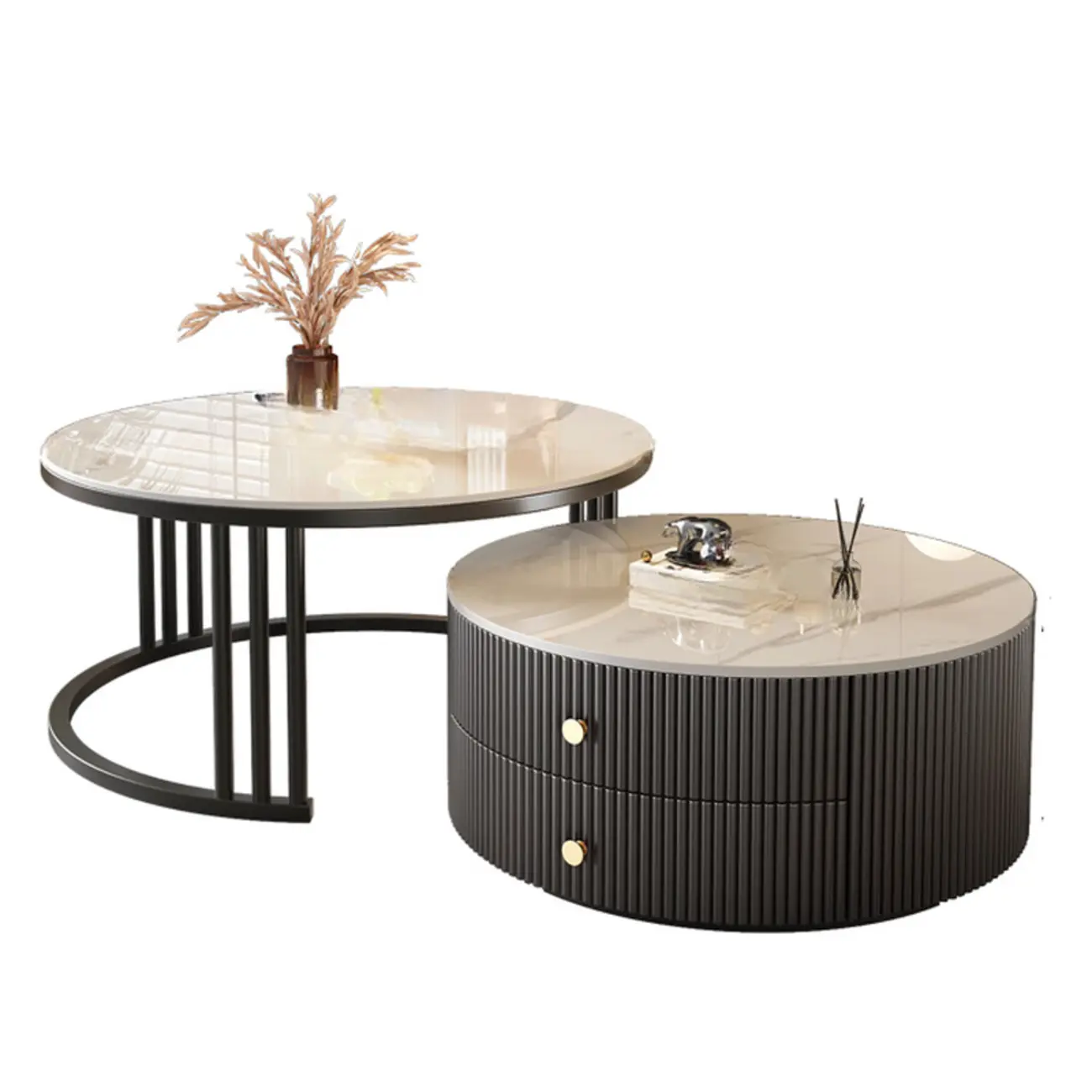 Modern White Round Nesting Coffee Table Set with Steel Base