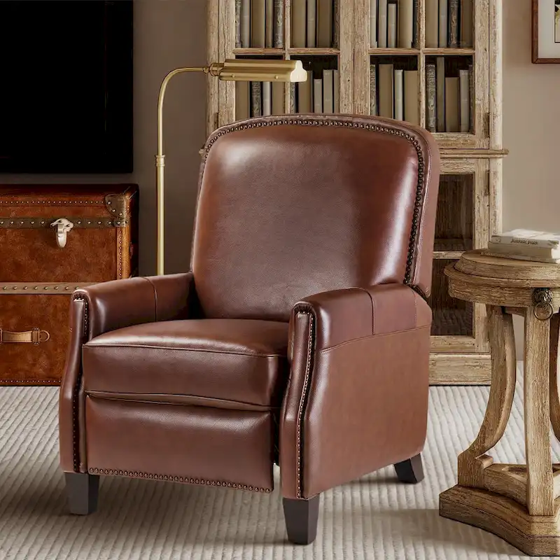 Modern Retro Genuine Leather Recliner with Nailhead Trim & Wooden Frame