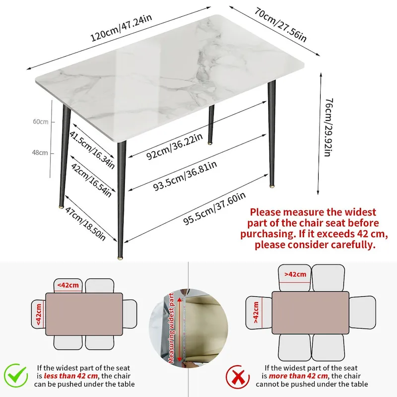 6 Seater Kitchen Dining Table Modern Marble Tabletop Rectangular with Tapered Metal Legs