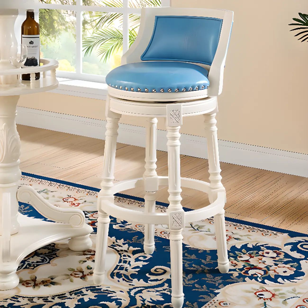 Traditional Blue Faux Leather Swivel Round Bar Stools