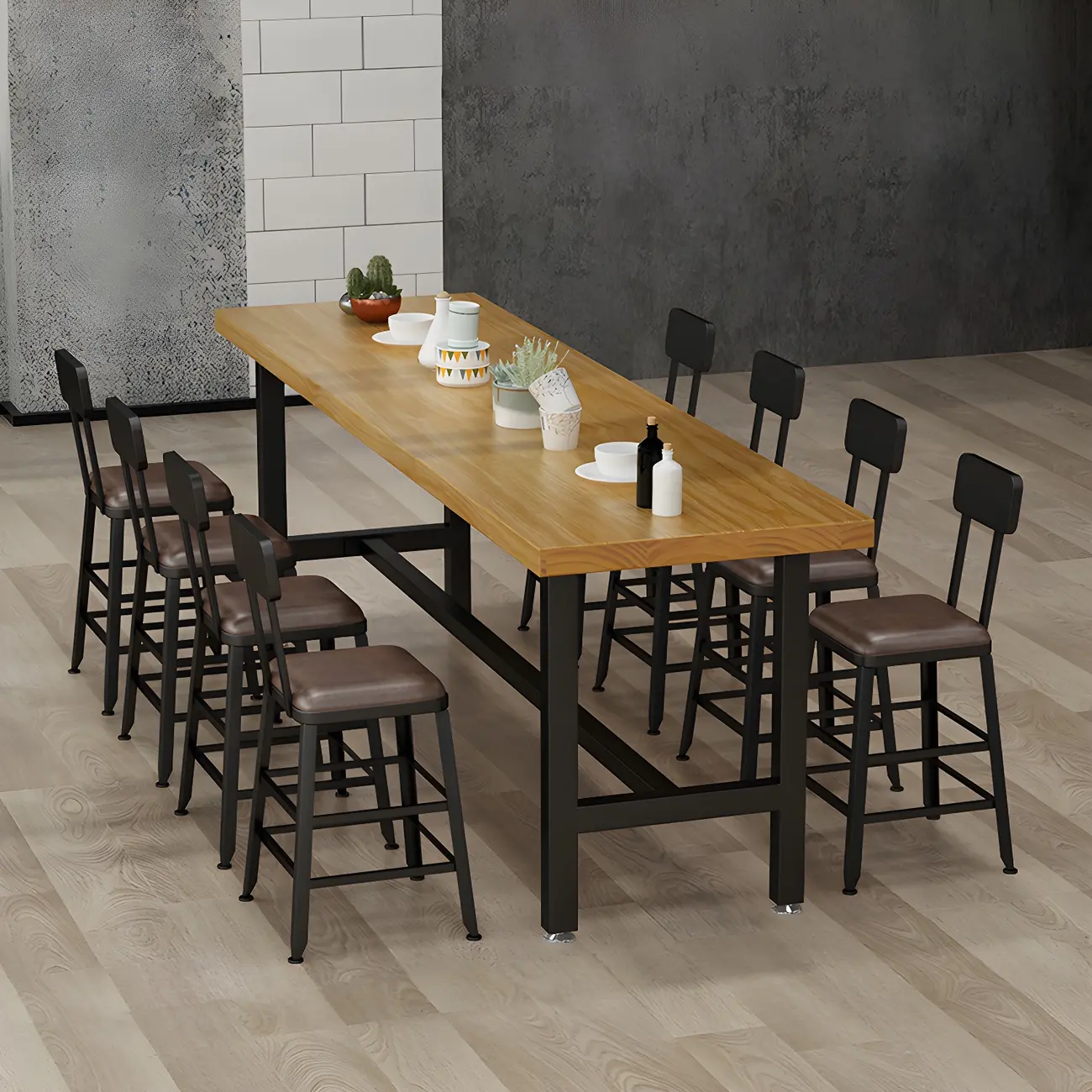 Rectangular Iron Frame Trestle Wood Bar Table with Footrest