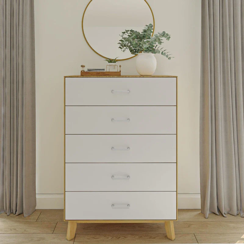 White & Natural 5-Drawer Solid Wood Dresser – Single