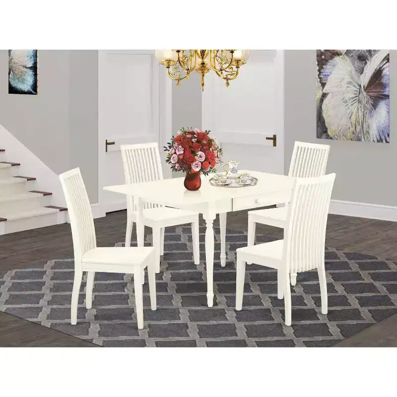 5-Piece Linen White Finish Solid Wood Top - Dining Room Set - Seats 4
