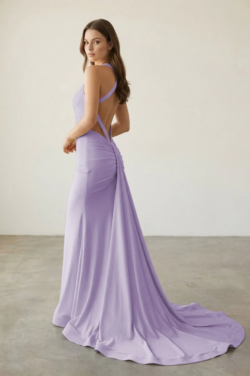 Pink V Neck Satin Mermaid Open Back Long Formal Prom Dresses