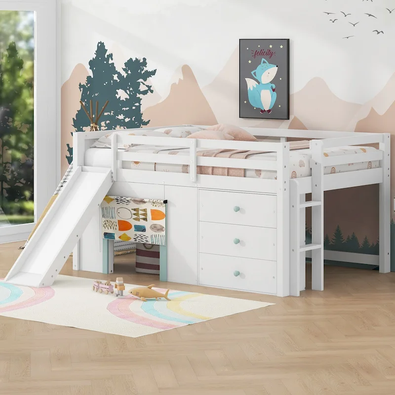 White Full Size Low Loft Bed with Slide, for 1 Child