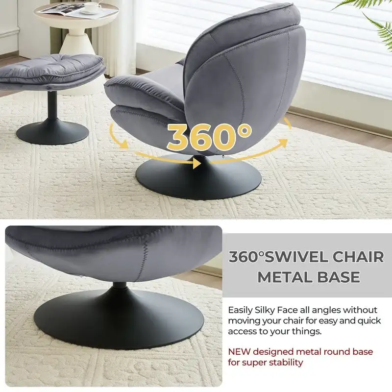 Velvet Swivel Accent Chair with Ottoman Round Reading Accent Chair Foot Stool Ottoman Set,360 Swivel,Metal Frame