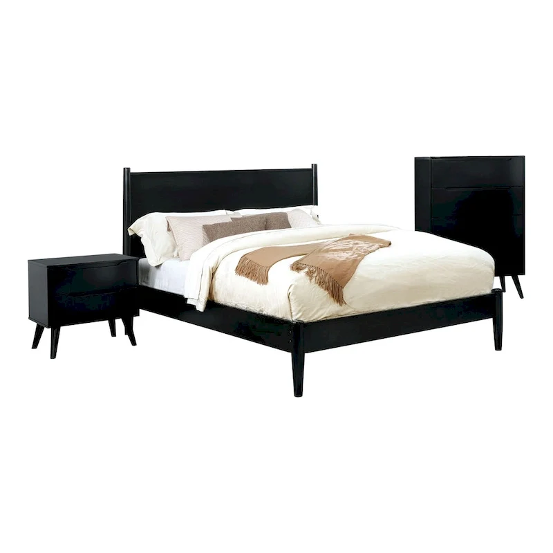 Mid-Century Modern Black Wood 3-Piece Platform Bedroom Set