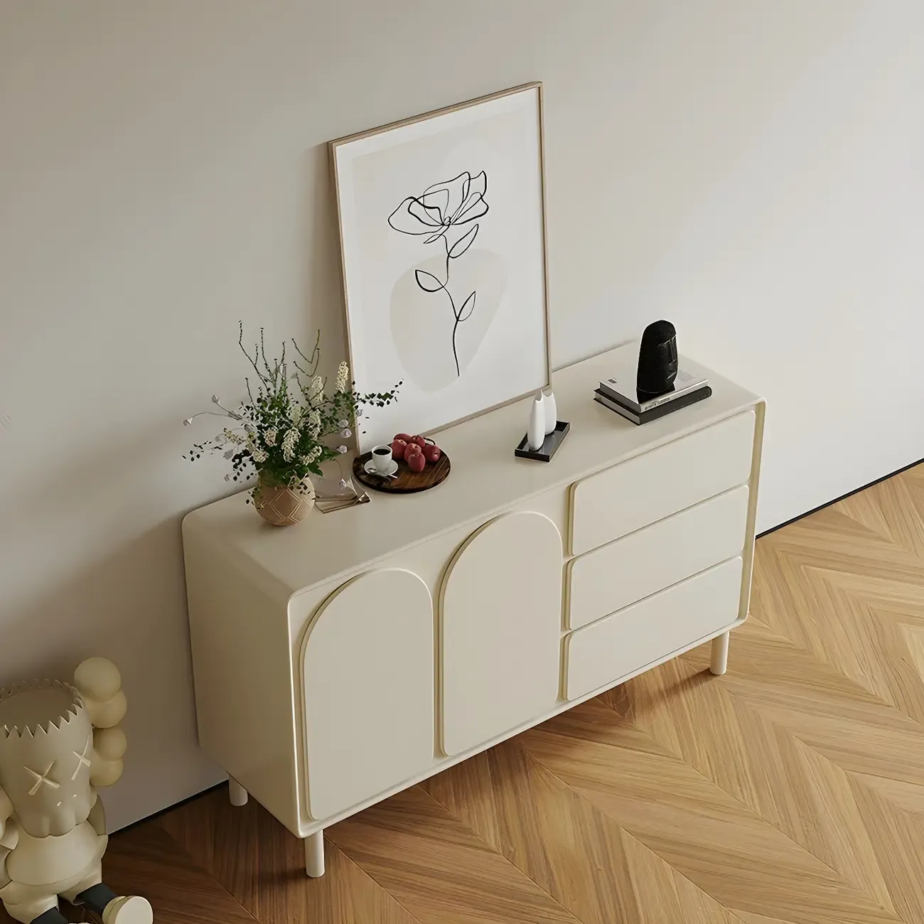 Durable Off-White Wooden Combo Dresser with Shelves